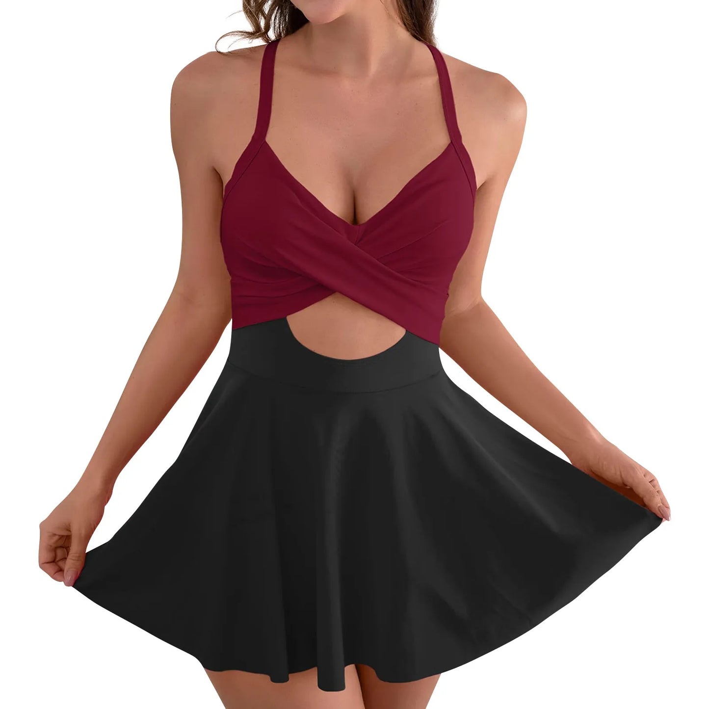 LAGOON LUXE Crossover Swim Dress - Burgundy Red